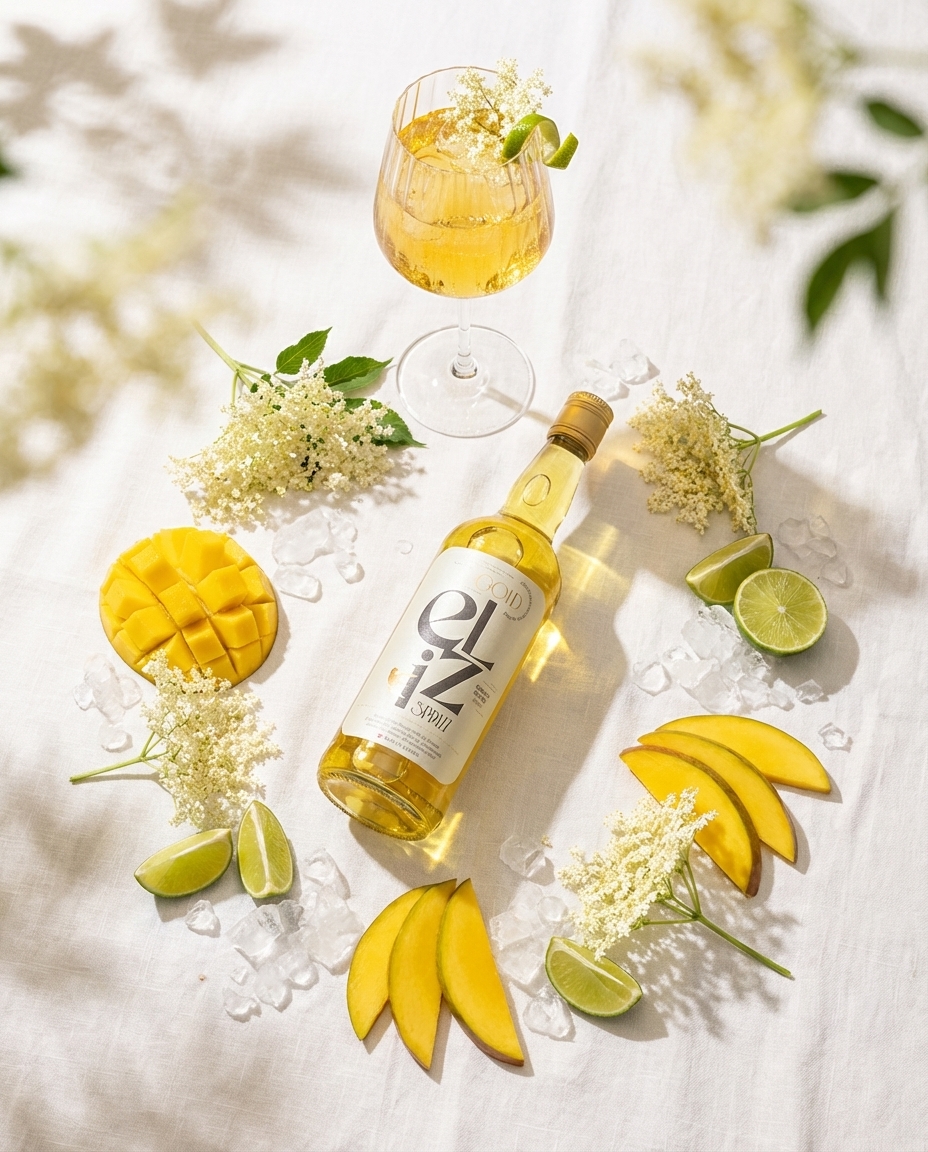 Flat-Lay mit Eliz Sprizz Flasche, Mango, Holunderblüten, Limetten und Eiswürfeln