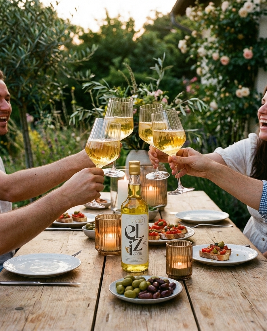 Freunde stoßen mit Eliz Sprizz an einem sommerlichen Gartentisch an